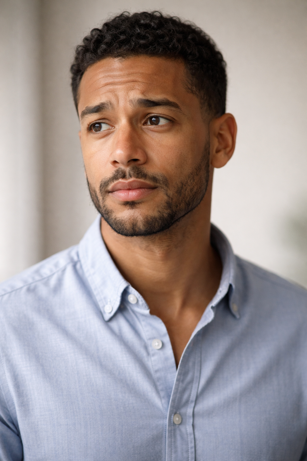 Homme au regard pensif et légèrement inquiet, illustrant l’angoisse