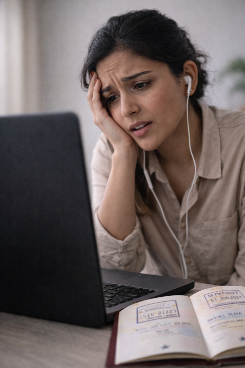 Femme indienne en téléconsultation avec expression de stress et passeport visible au premier plan