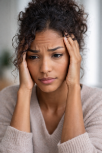 Portrait d’une femme exprimant l’anxiété, le stress et la charge mentale